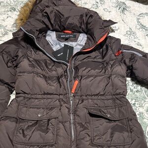 BNWT Marc New York Dark Brown Puffer Jacket with Fur-Trimmed Hood